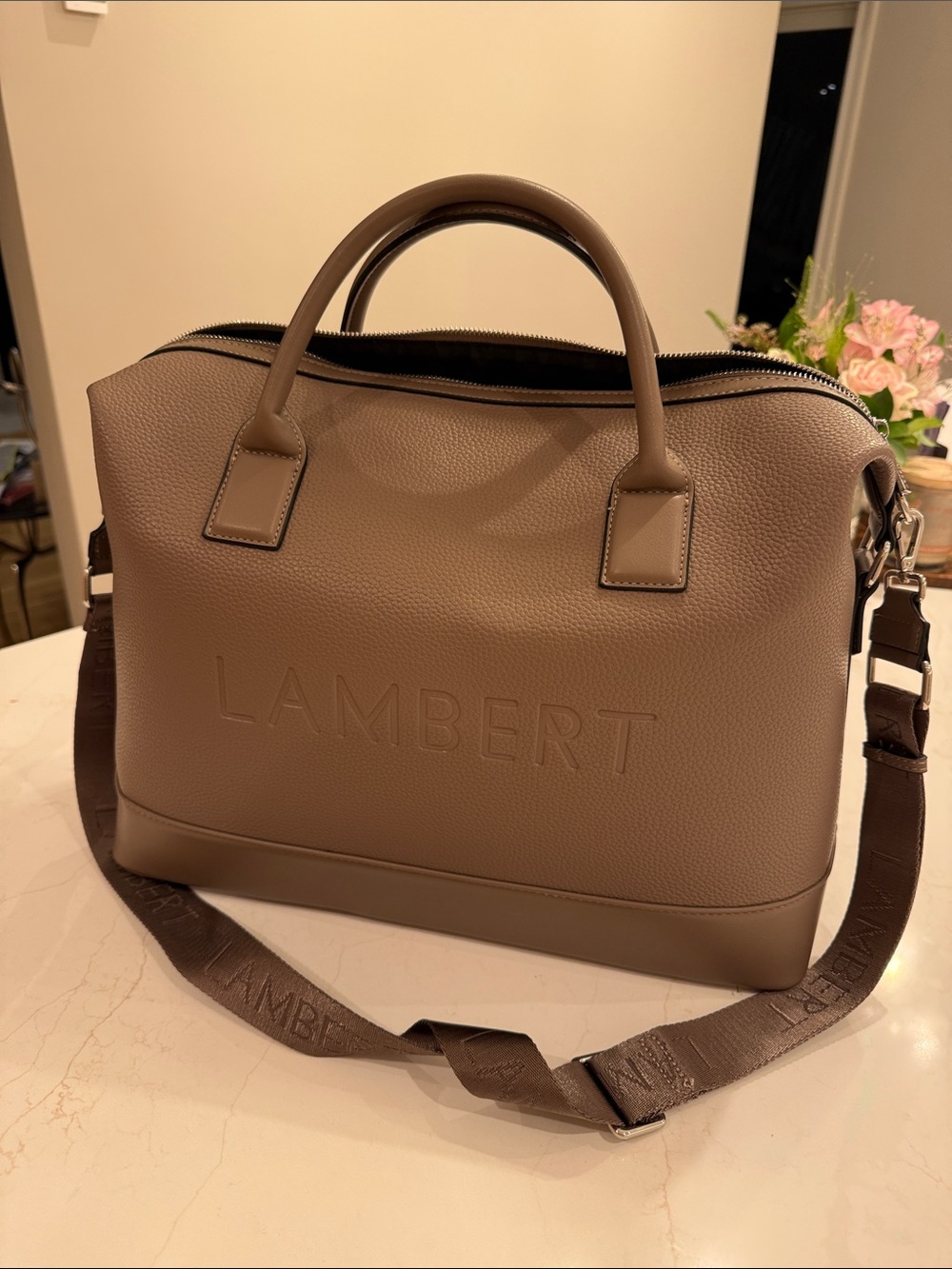 Taupe Pebble Leather Duffel with Removable Strap